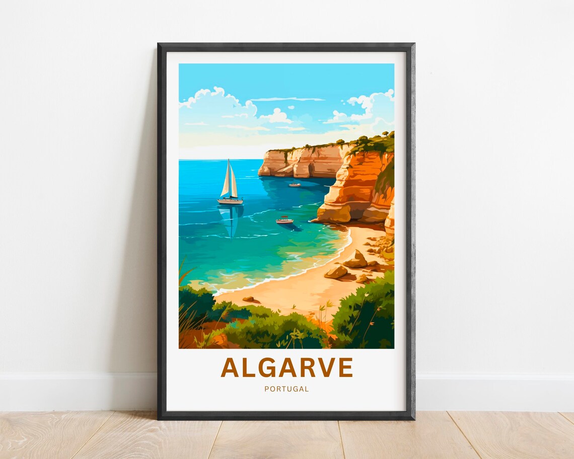Algarve Portugal Golden Cliff Beach Sailing Boat Coastal Poster