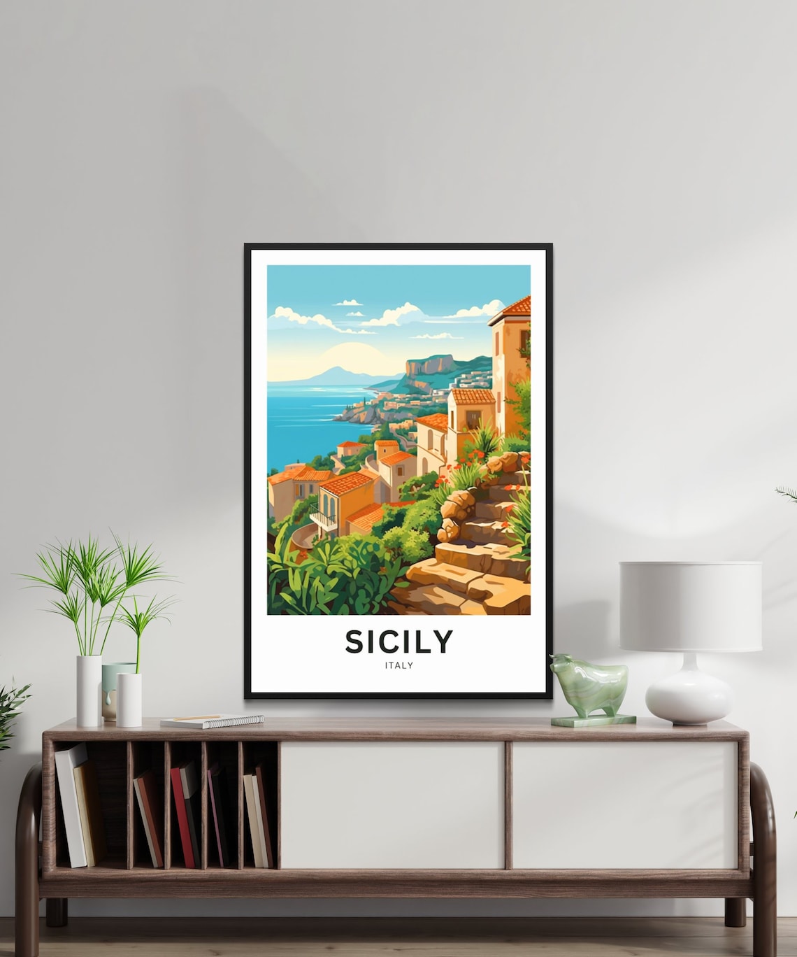 Sicily Italy Custom Text Terracotta Coast Town Seaview Travel Poster - Image 2