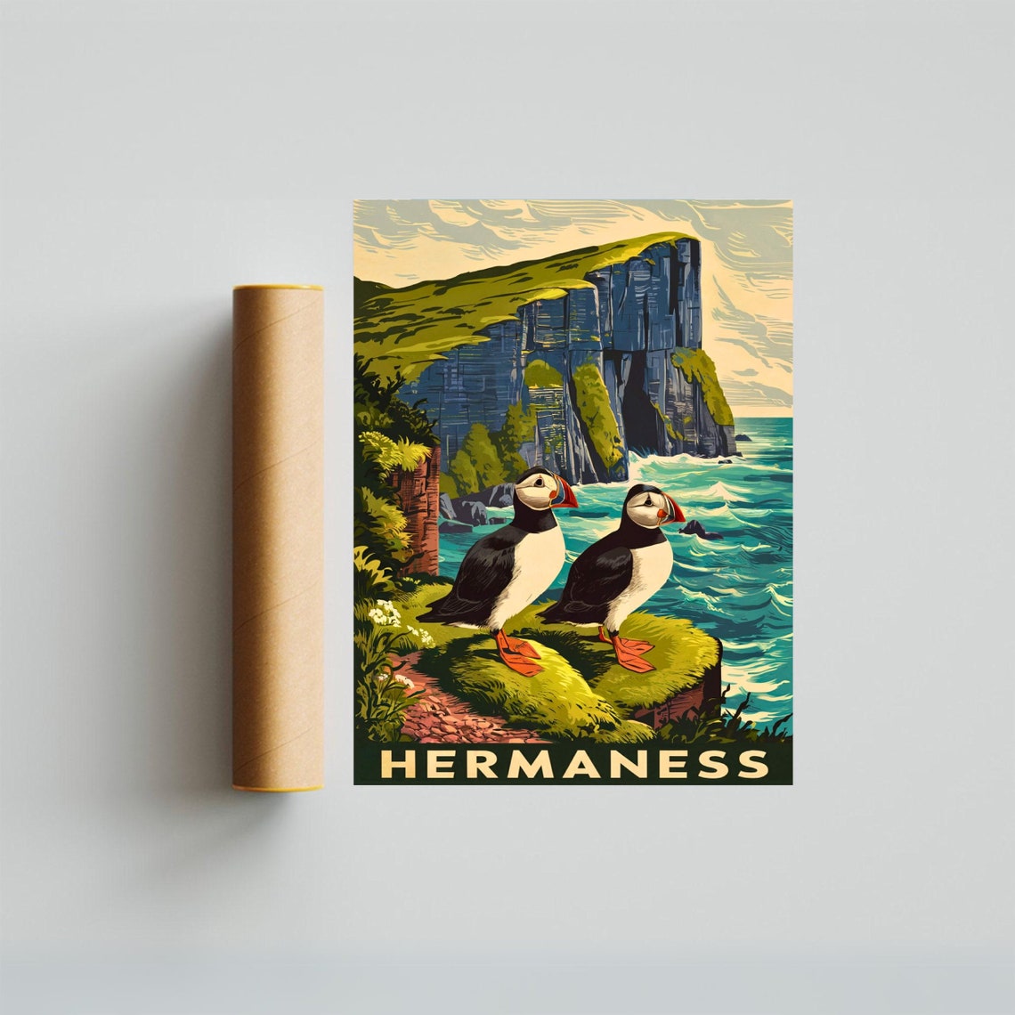 Hermaness Vintage Travel Style Puffins on Sea Stack Cliffs Poster - Image 3