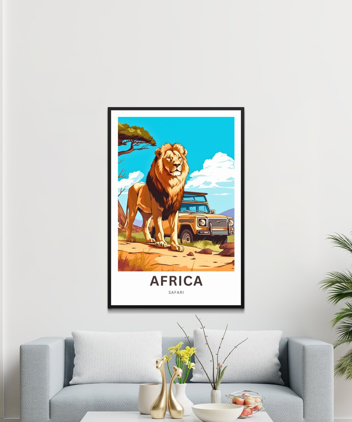 Africa Safari Lion Portrait Safari Jeep Bright Blue Sky Poster - Image 3