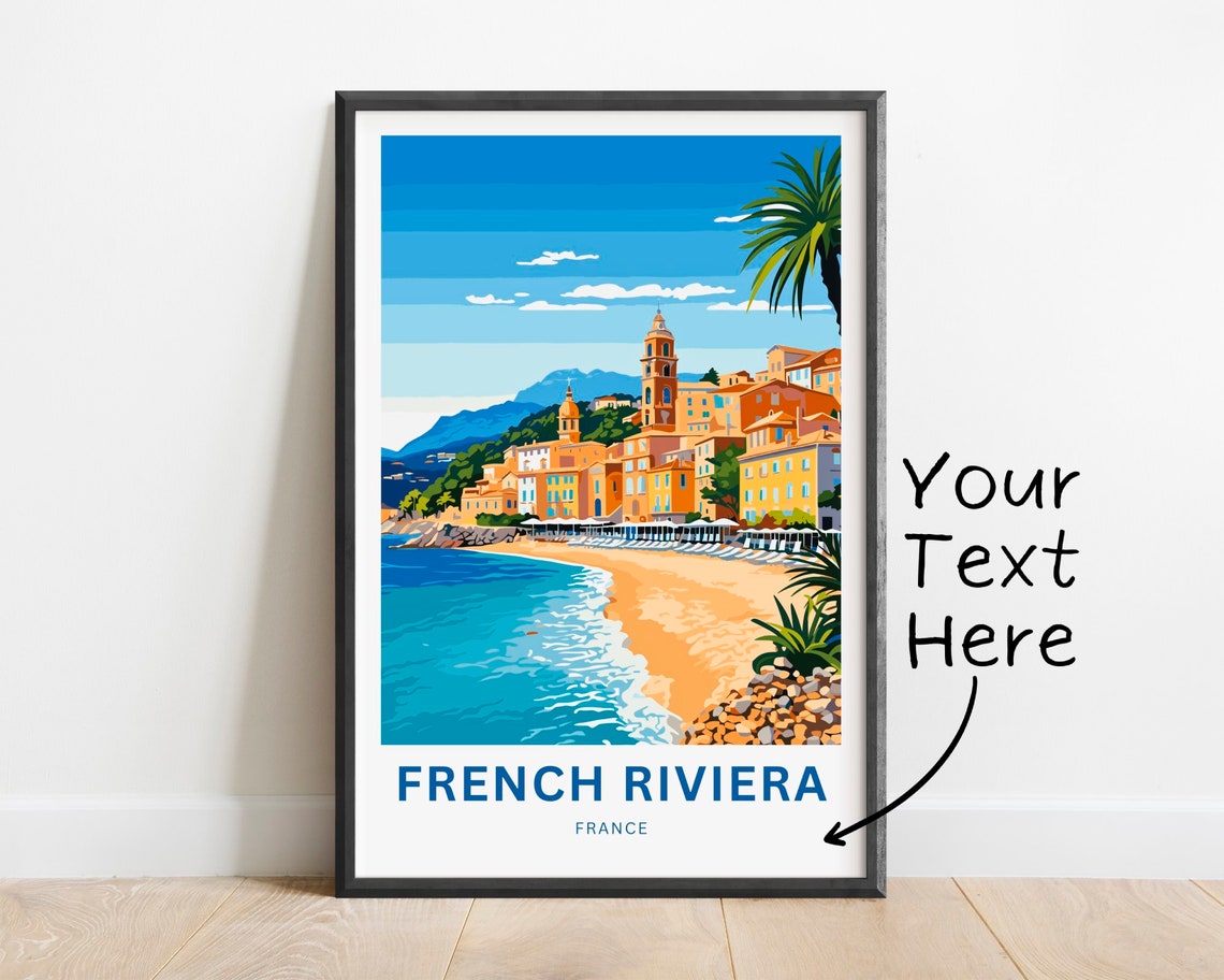 French Riviera France Palm Beach Coastline Custom Text Art Poster
