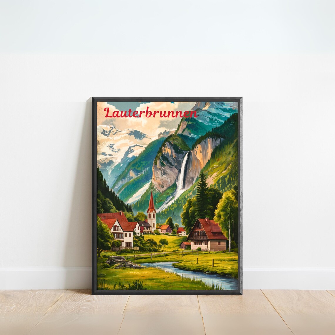 Lauterbrunnen Switzerland Alpine Village Church Waterfall Poster