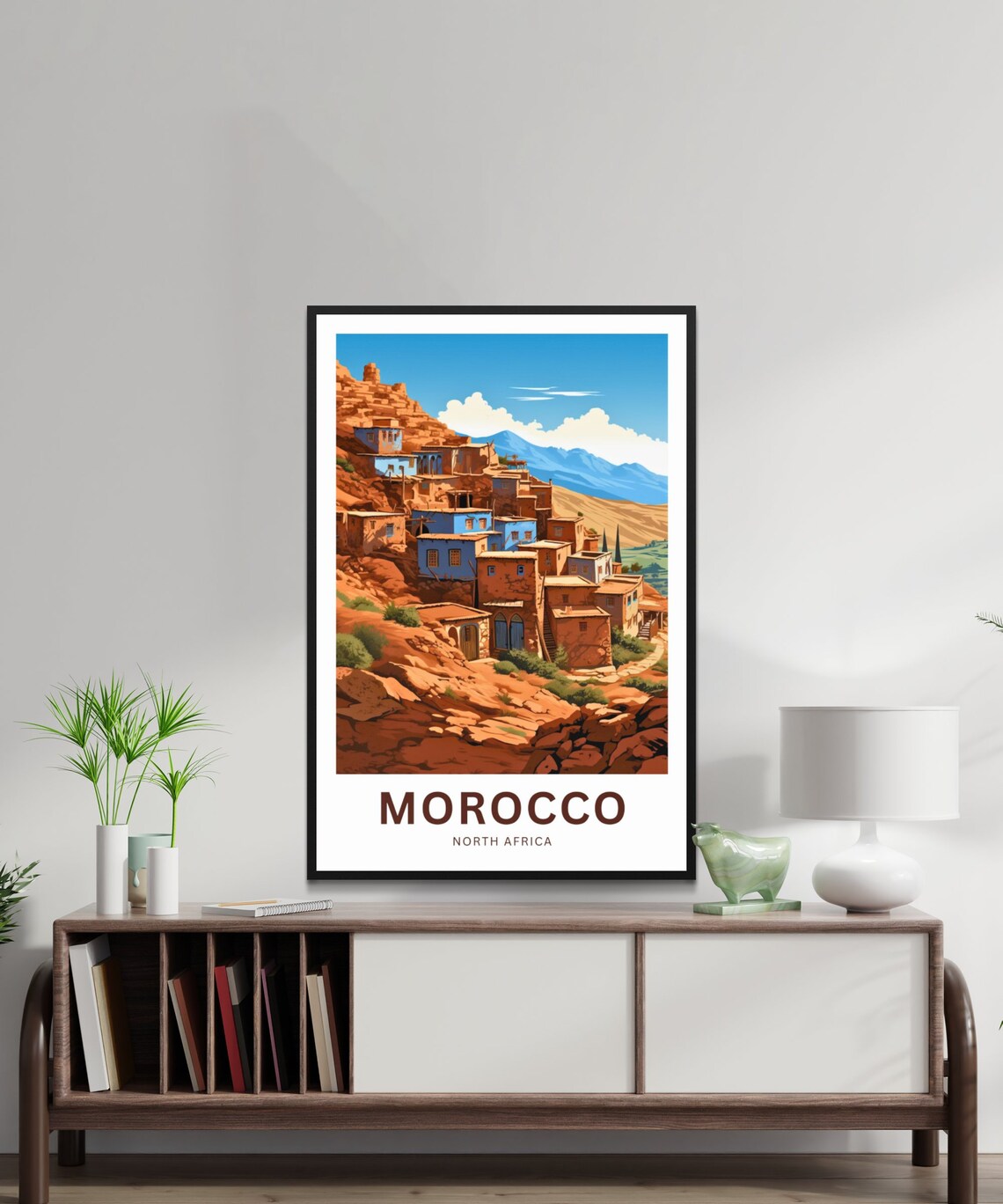 Morocco Blue Painted Village Red Rock Mountains Sunset Poster - Image 2