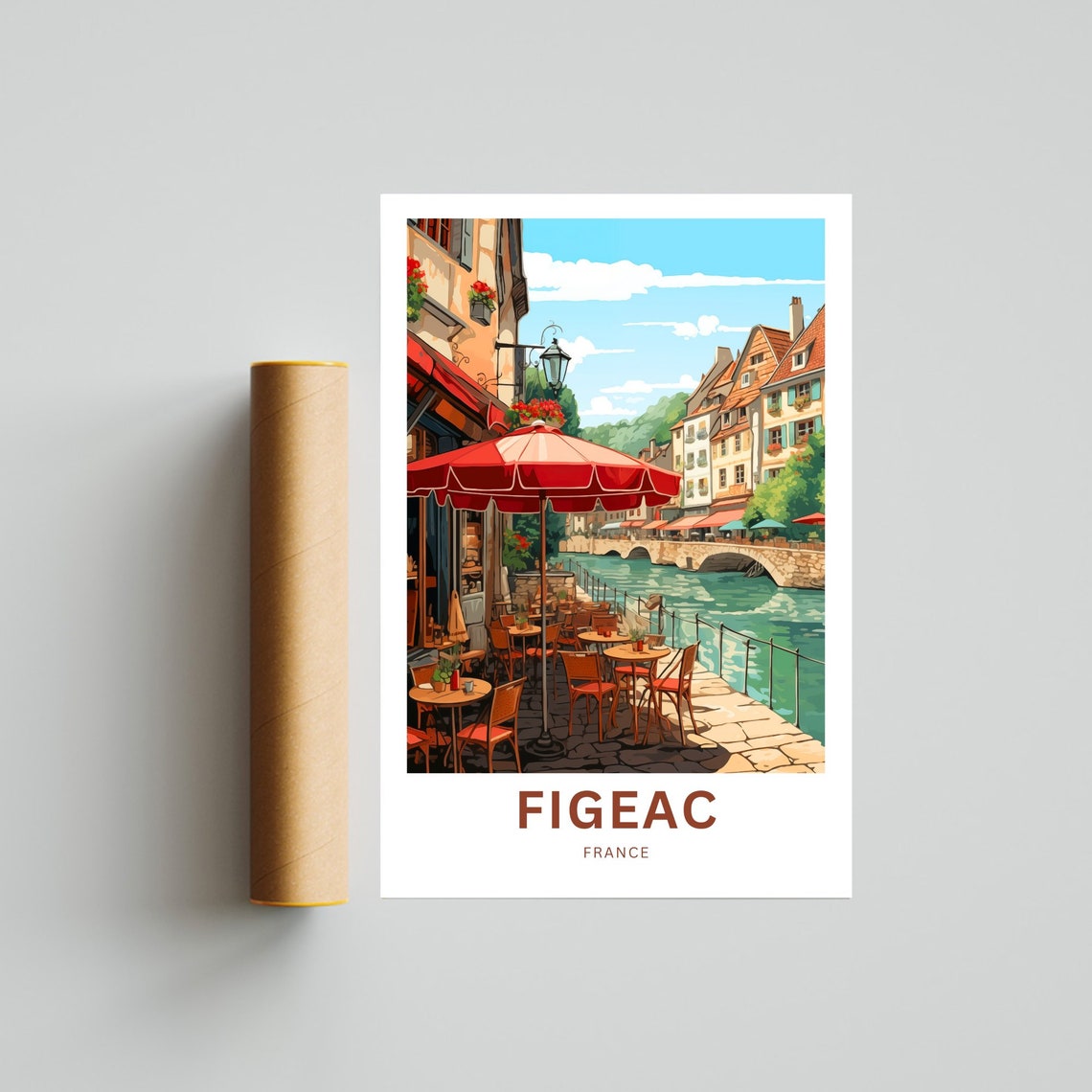 Figeac France Riverside Cafe Red Umbrellas Terrace Vintage Poster - Image 4