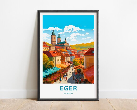 Eger Hungary Vintage Travel Poster Historic Market Street Scene