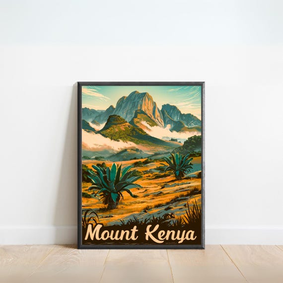 Mount Kenya Vintage Travel Poster Mount Kenya Print Africa Wall Art Framed Present Gift Africa Present