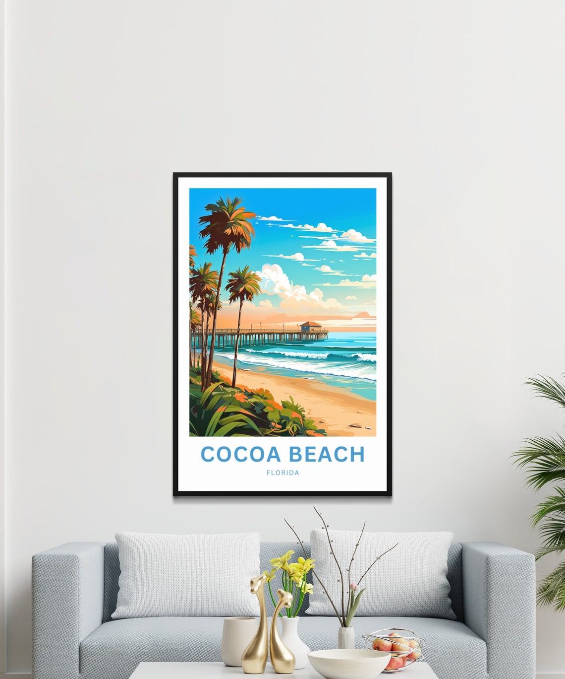 Cocoa Beach Florida Surf Pier Palm Trees Golden Sandy Beach Poster - Image 2