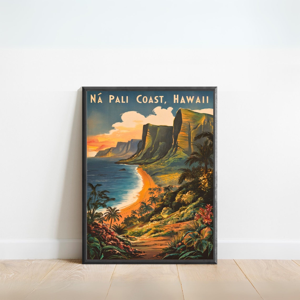 Na Pali Coast Hawaii Sunset Cliffs Vintage Travel Style Poster