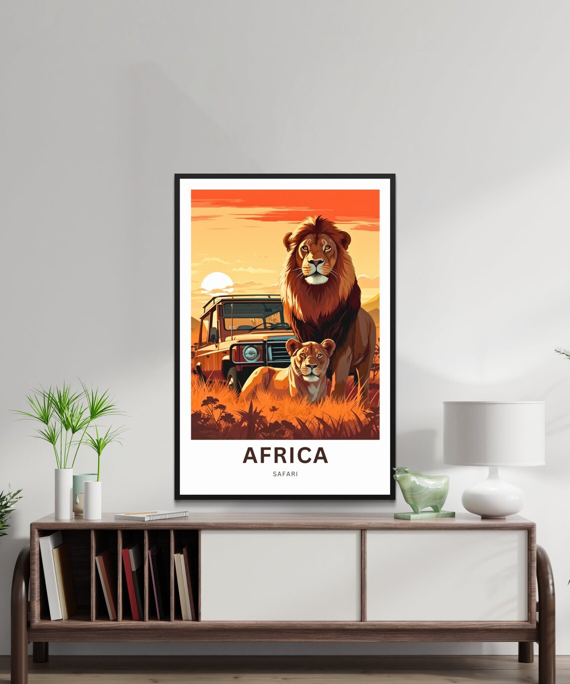 Africa Safari Lion Pair with Safari Vehicle Sunset Grass Poster - Image 2