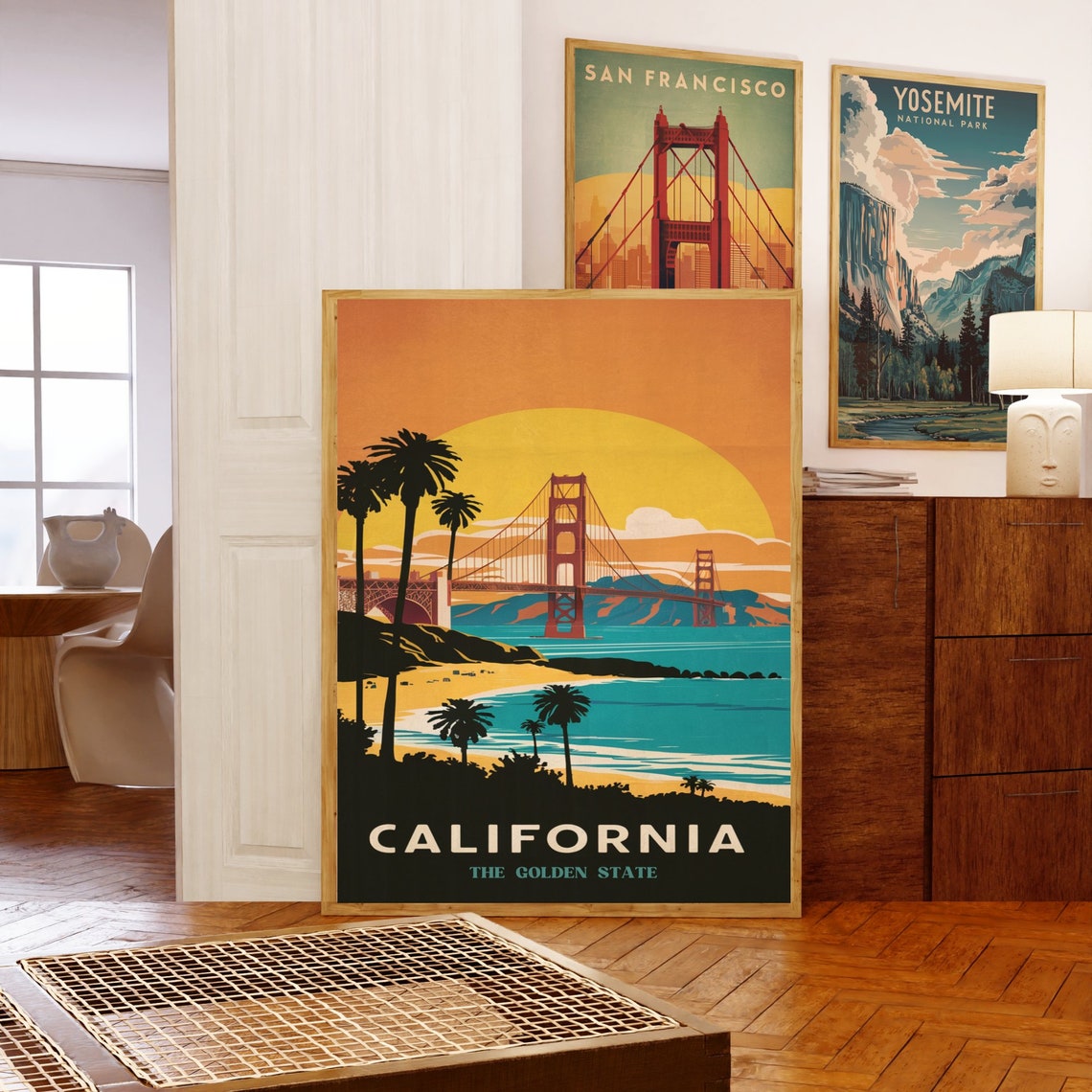 California Golden Gate Sunset Beach Palm Retro Travel Poster - Image 5