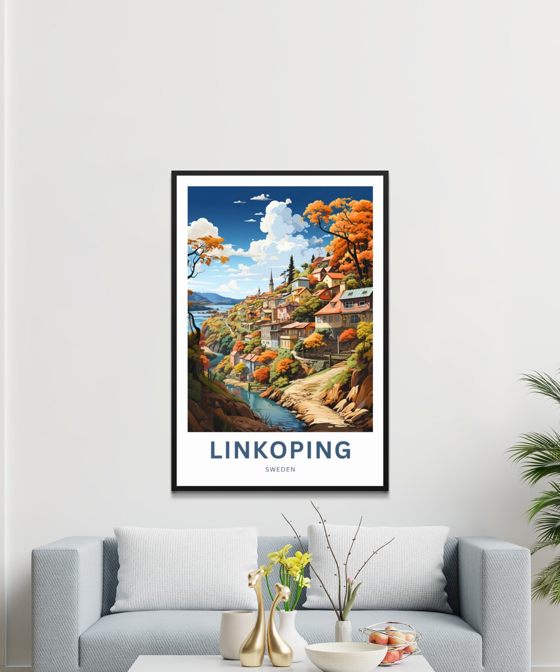 Linkoping Sweden Autumn Village Hillside Colorful Travel Poster - Image 3
