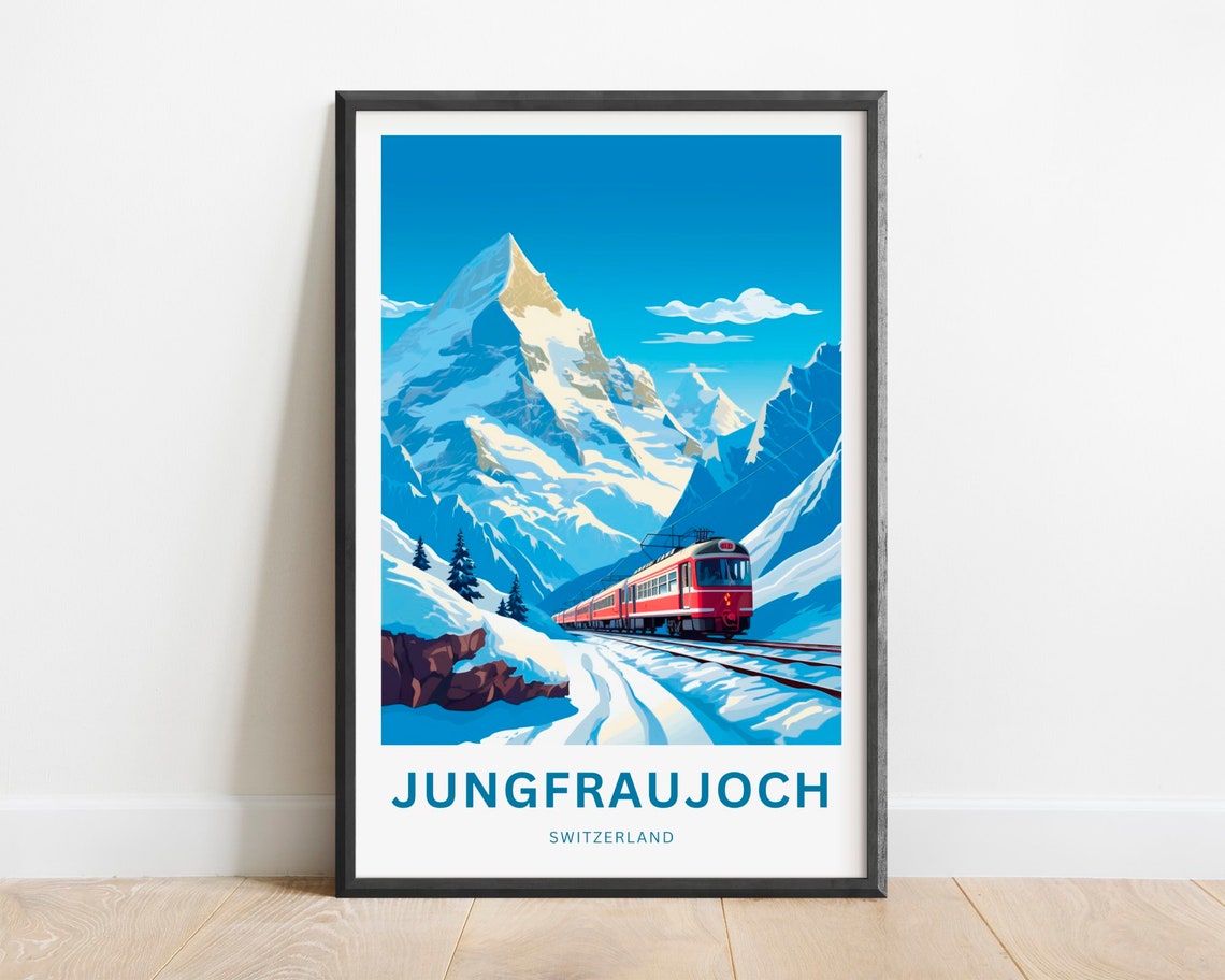 Jungfraujoch Switzerland Red Alpine Train Snowy Peak Travel Poster