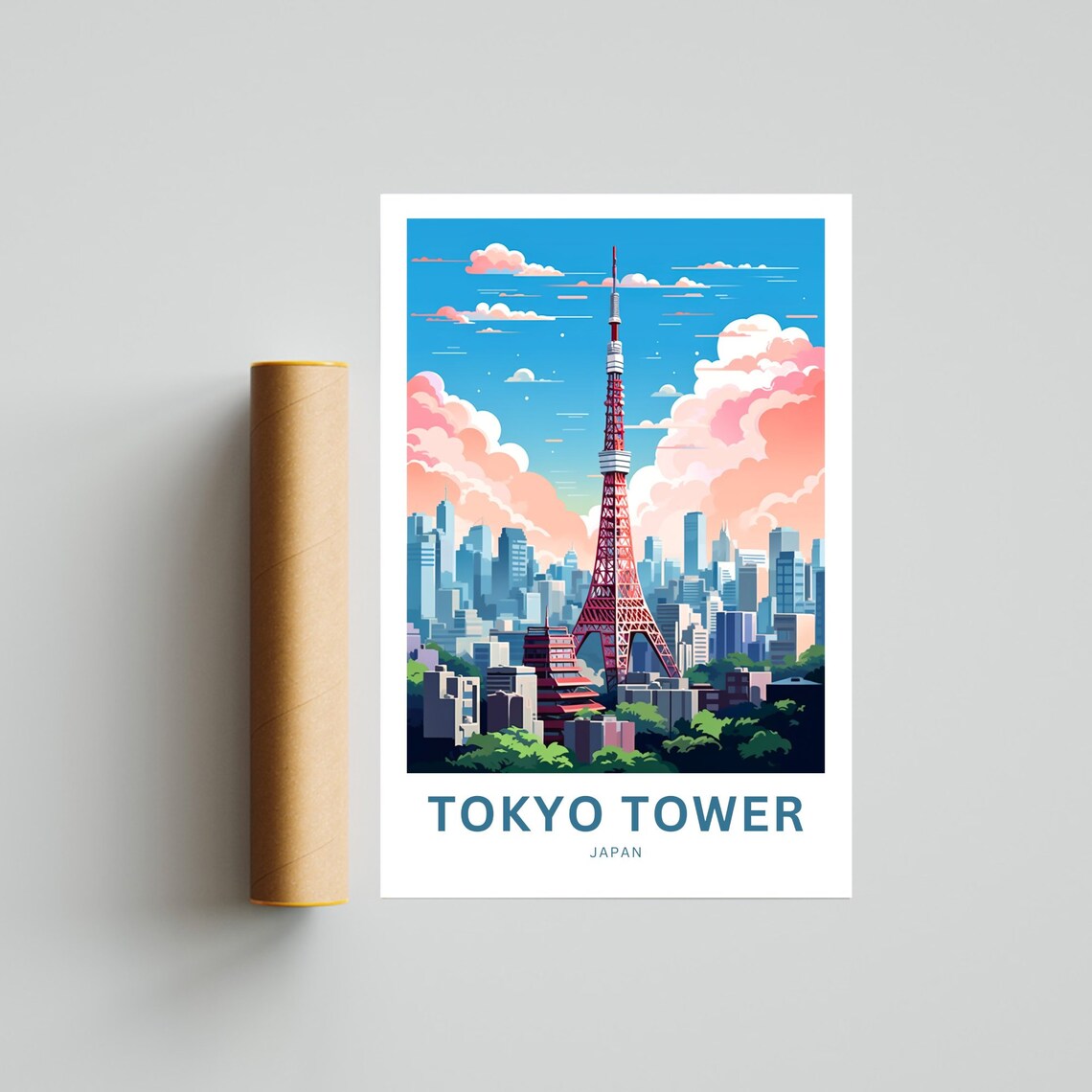 Tokyo Tower Japan Red Landmark Skyline Pink Cloud Cityscape Poster - Image 4