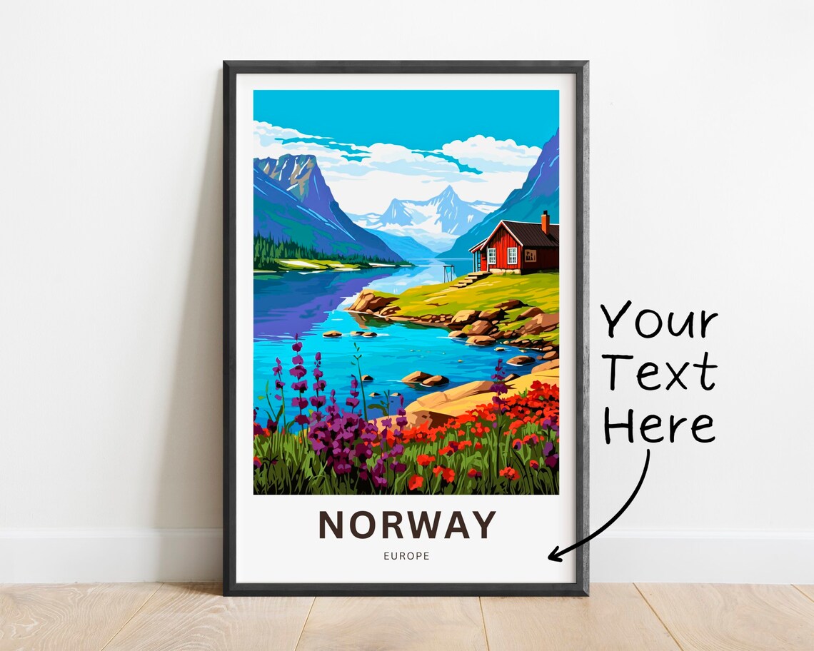 Personalized Norway Travel Poster Red Cabin Wildflower Lake Scene