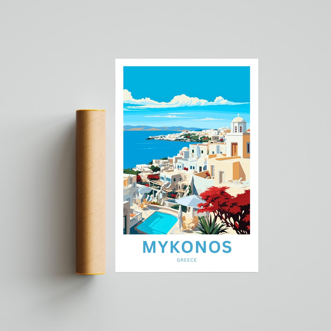 Mykonos Greece Whitewashed Clifftop Town Pool Aegean Sea View Poster - Image 4