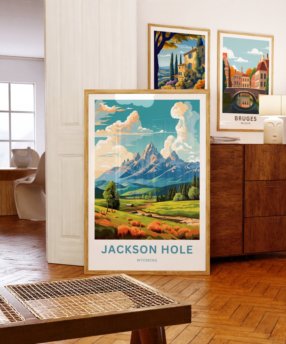 Jackson Hole Wyoming Summer Valley River Cabin Mountain Scene Poster - Image 5