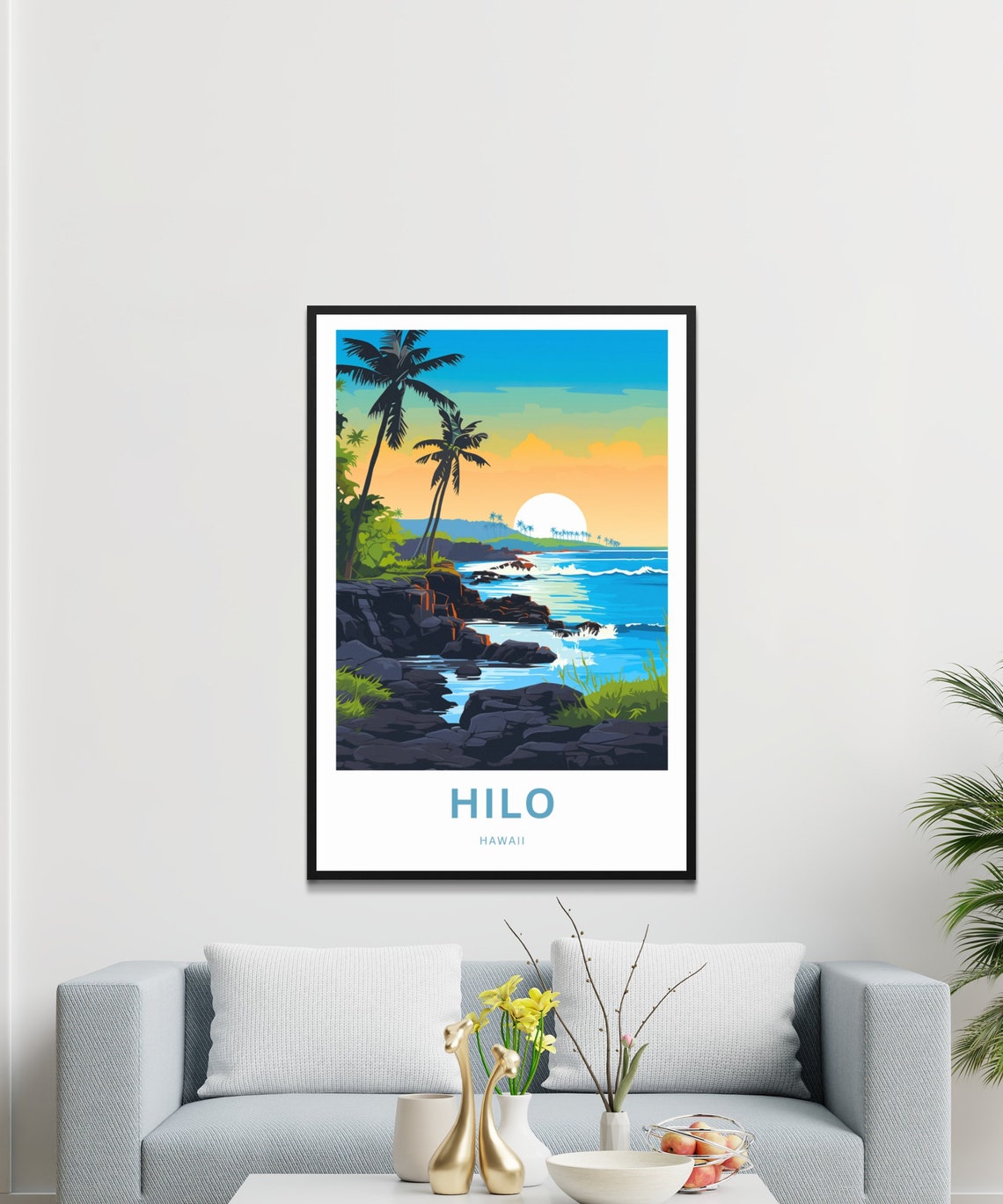 Hilo Hawaii Sunset Coast Palm Trees Tropical Beach Travel Poster - Image 3