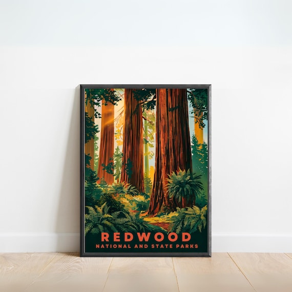 Redwood National Parks California Giant Sequoia Forest Vintage Travel Poster