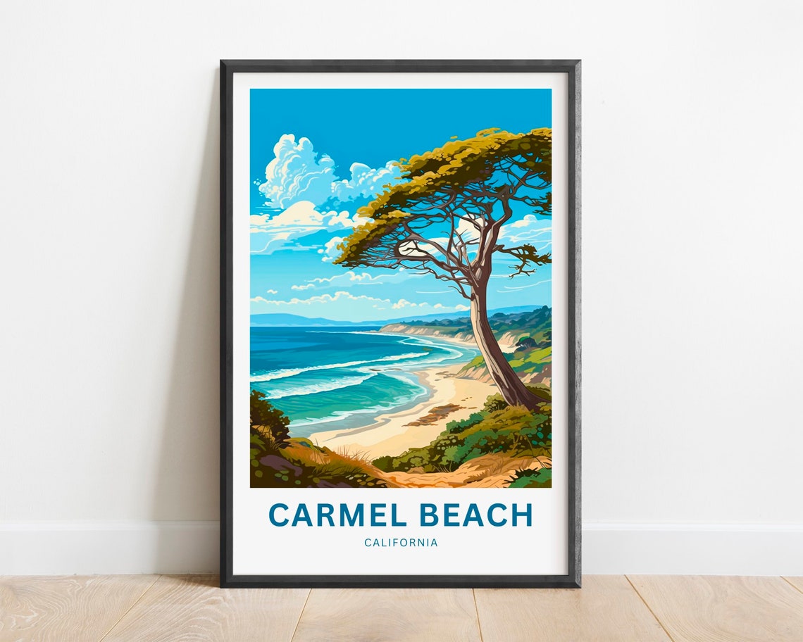 Carmel Beach California Curved Bay Shoreline Cypress Tree Poster