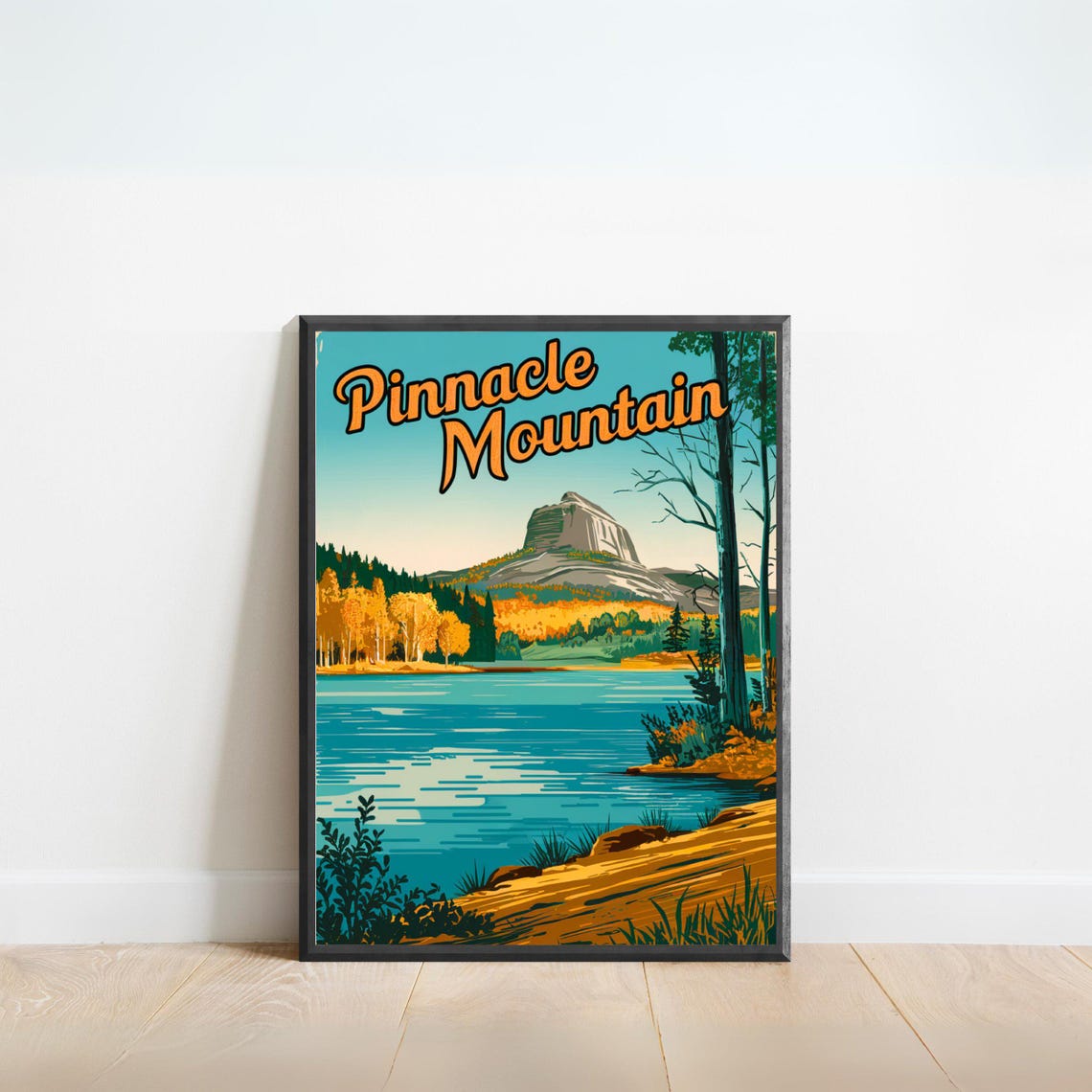 Pinnacle Mountain Autumn Lake Rock Formation Retro Travel Poster