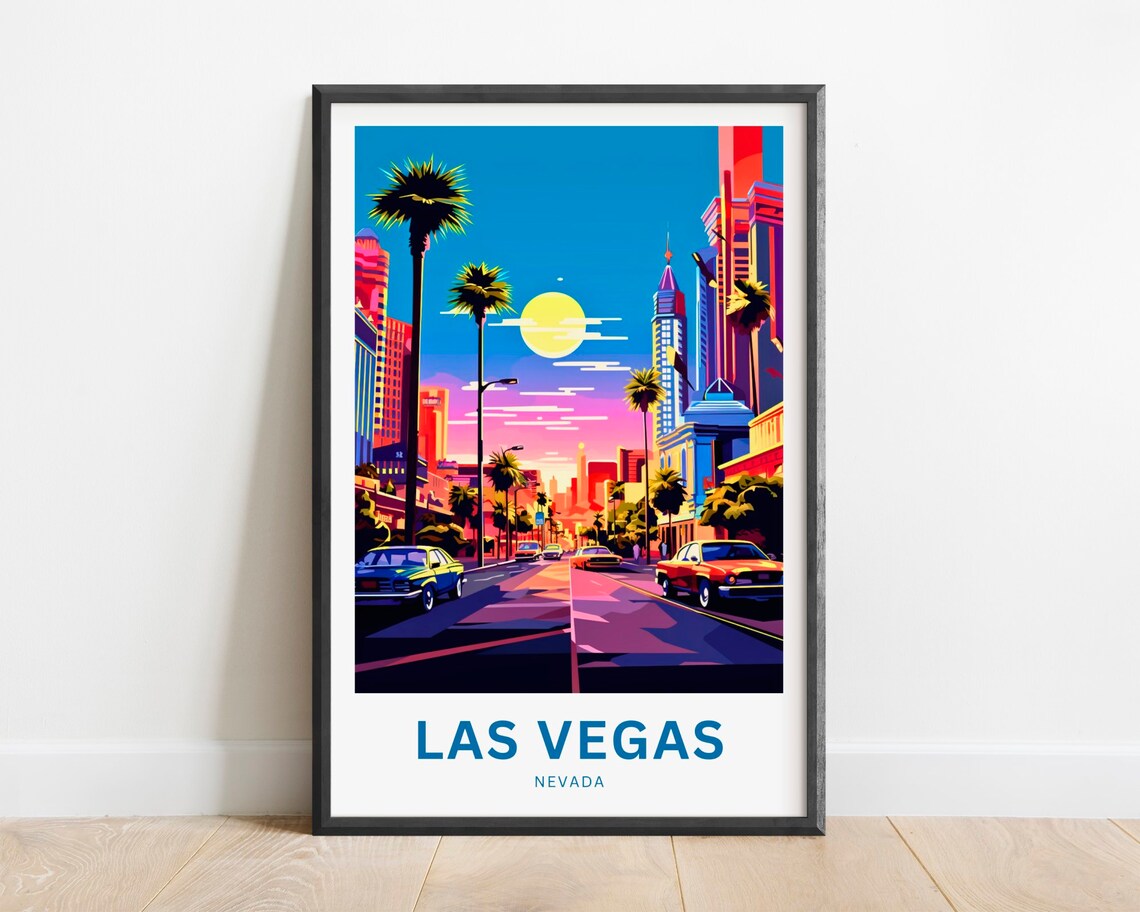 Las Vegas Nevada Sunset Strip Palms Vintage Cars Travel Poster