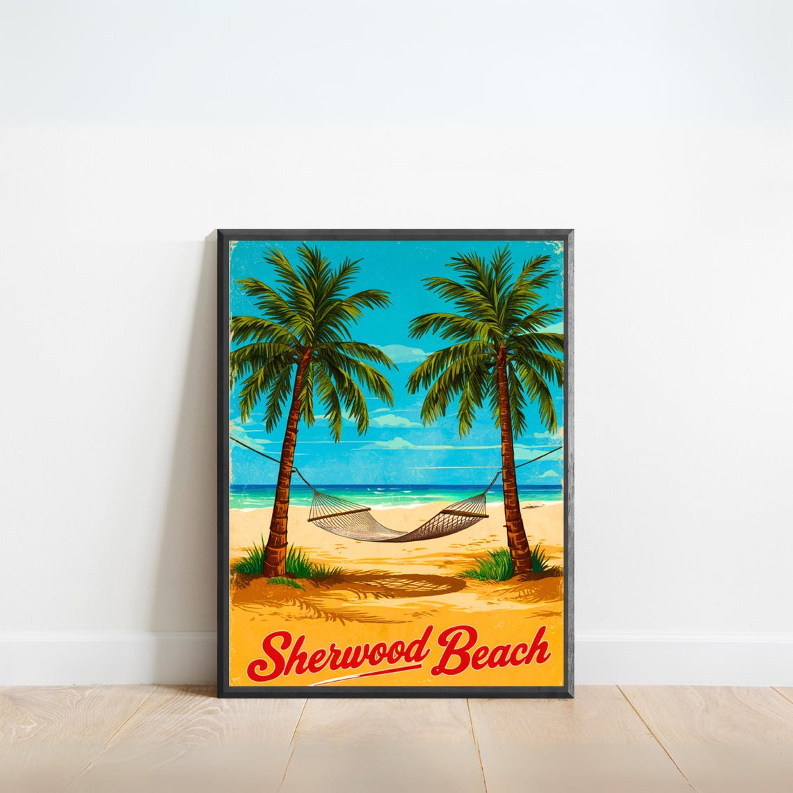 Sherwood Beach Vintage Style Palm Hammock Beach Scene Poster