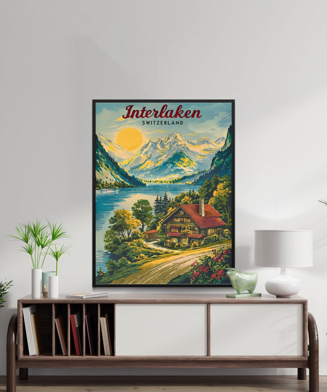 Interlaken Switzerland Mountain Lake Cabin Sunrise Travel Poster - Image 2