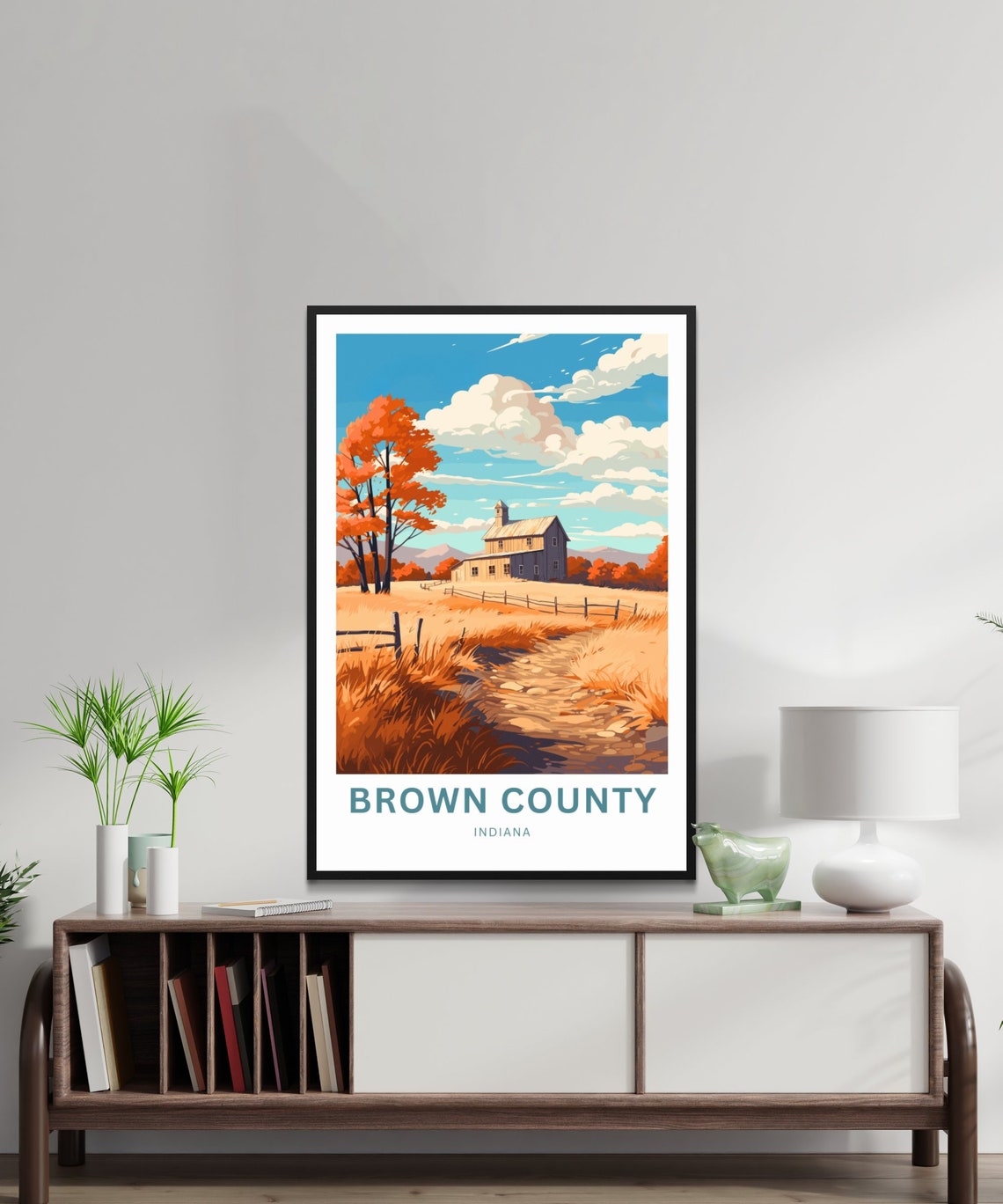 Brown County Indiana Autumn Barn Orange Trees Dirt Road Travel Poster - Image 2