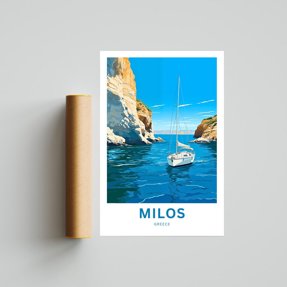 Milos Greece White Cliffs Sailboat Clear Blue Sea Travel Poster - Image 4