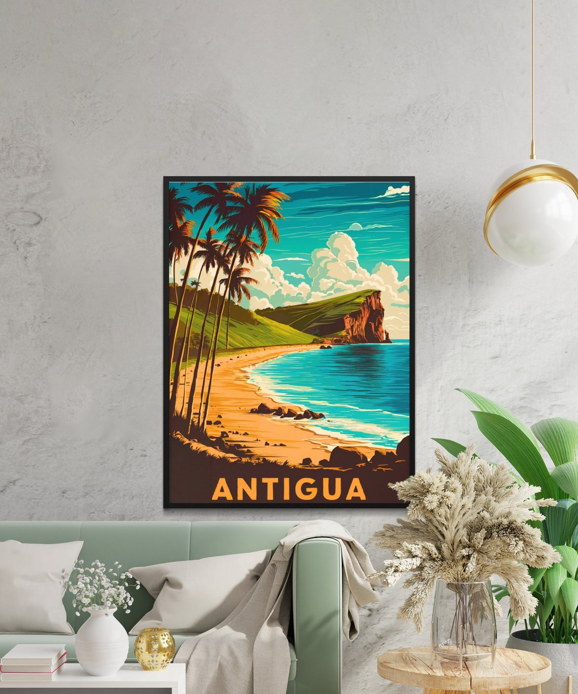 Antigua Vintage Caribbean Palm Beach Golden Cliffs Sunset Poster - Image 2