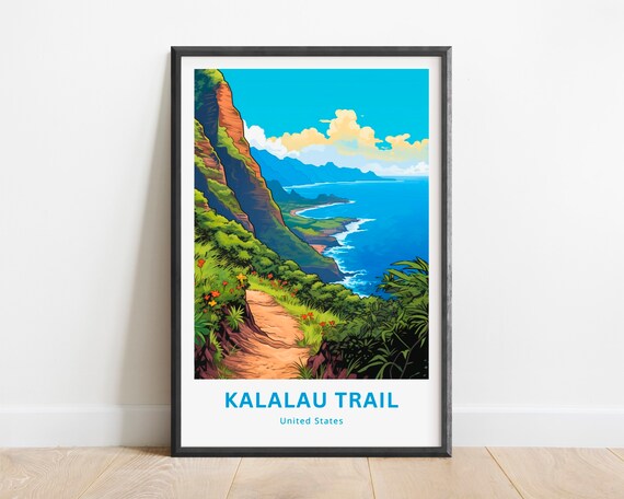 Kalalau Trail Hawaii Vintage Travel Poster with Cliffside Hiking Path and Ocean