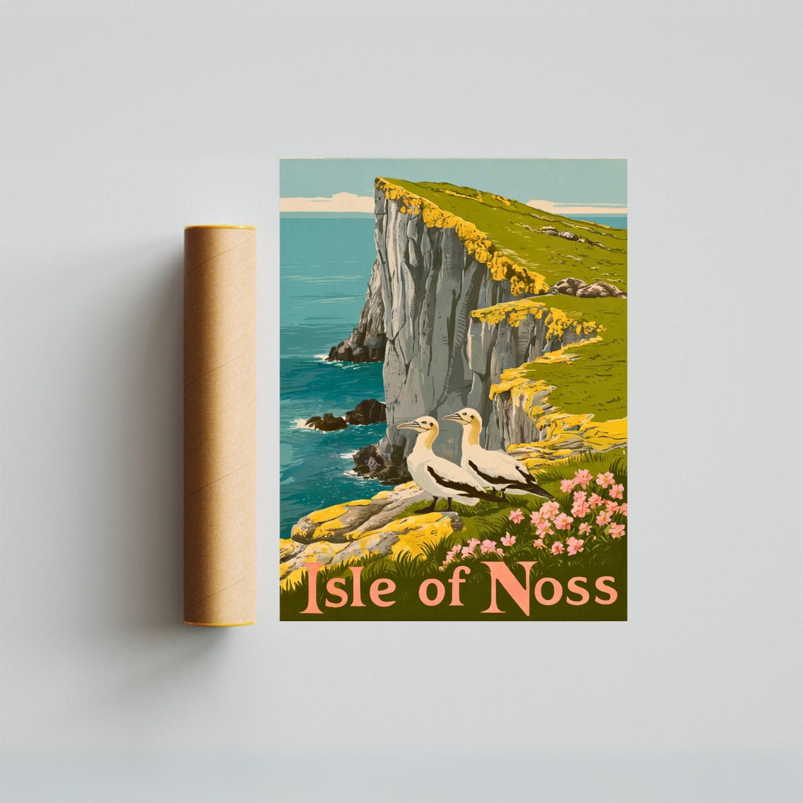 Isle of Noss Vintage Gannets Among Wildflowers Cliff Top Poster - Image 3