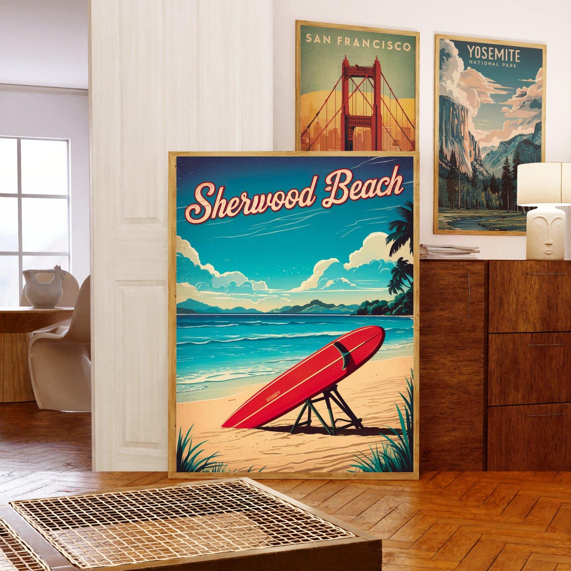 Sherwood Beach Surfboard Retro Vintage Coastal Scene Travel Poster - Image 5