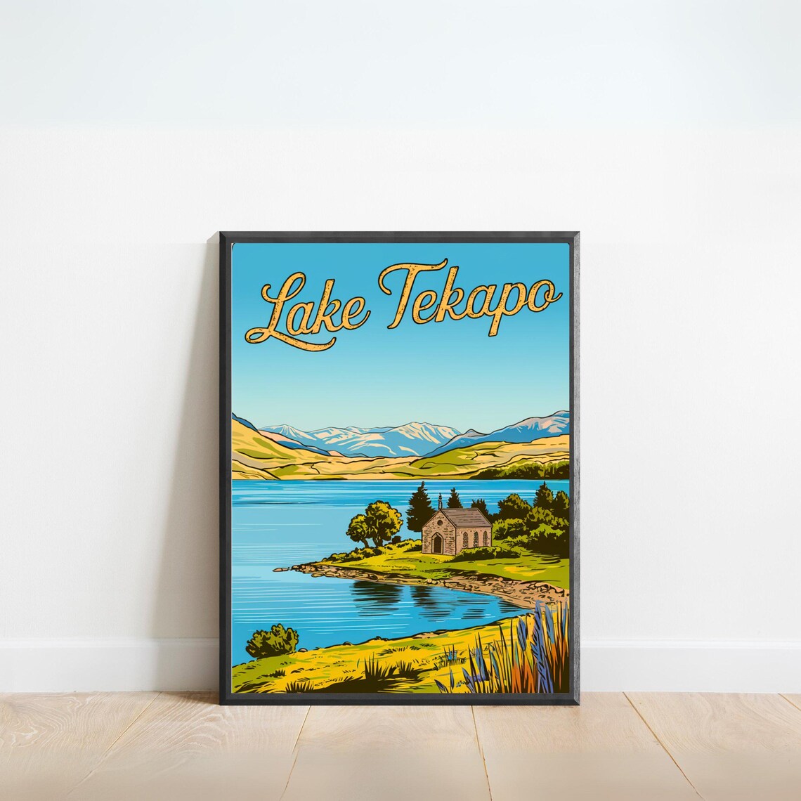 Lake Tekapo Stone Church Lakeside Mountain View Vintage Travel Poster