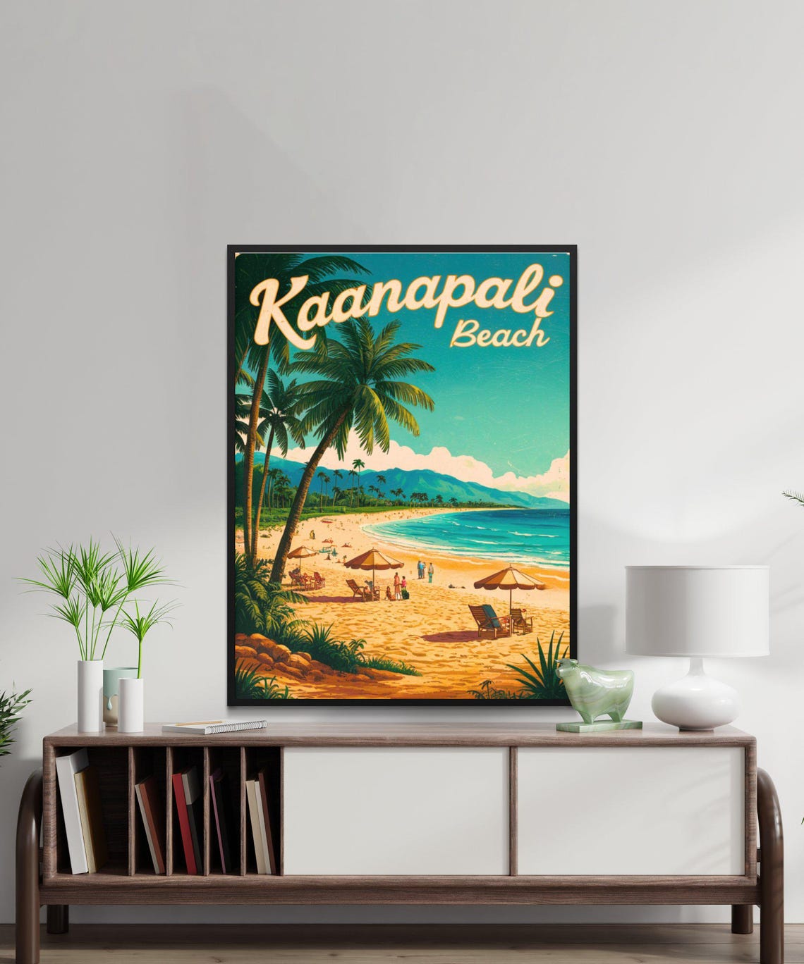Kaanapali Beach Hawaii Palm Shore Umbrellas Vintage Travel Poster - Image 2