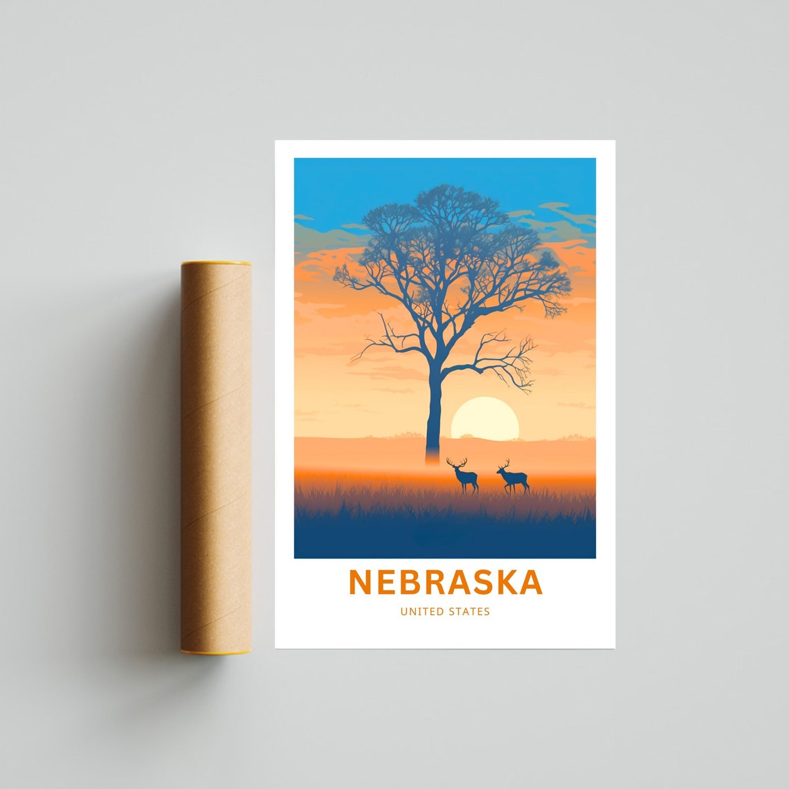 Nebraska Sunset Silhouette Tree with Deer Minimalist Travel Poster - Image 4