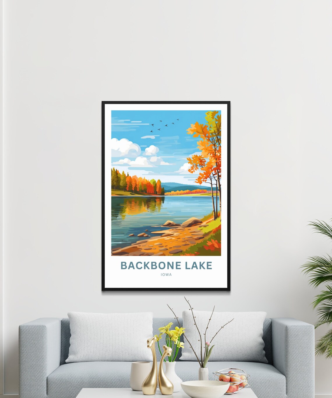 Backbone Lake Iowa Birds Over Blue Water Autumn Shoreline Art Poster - Image 2