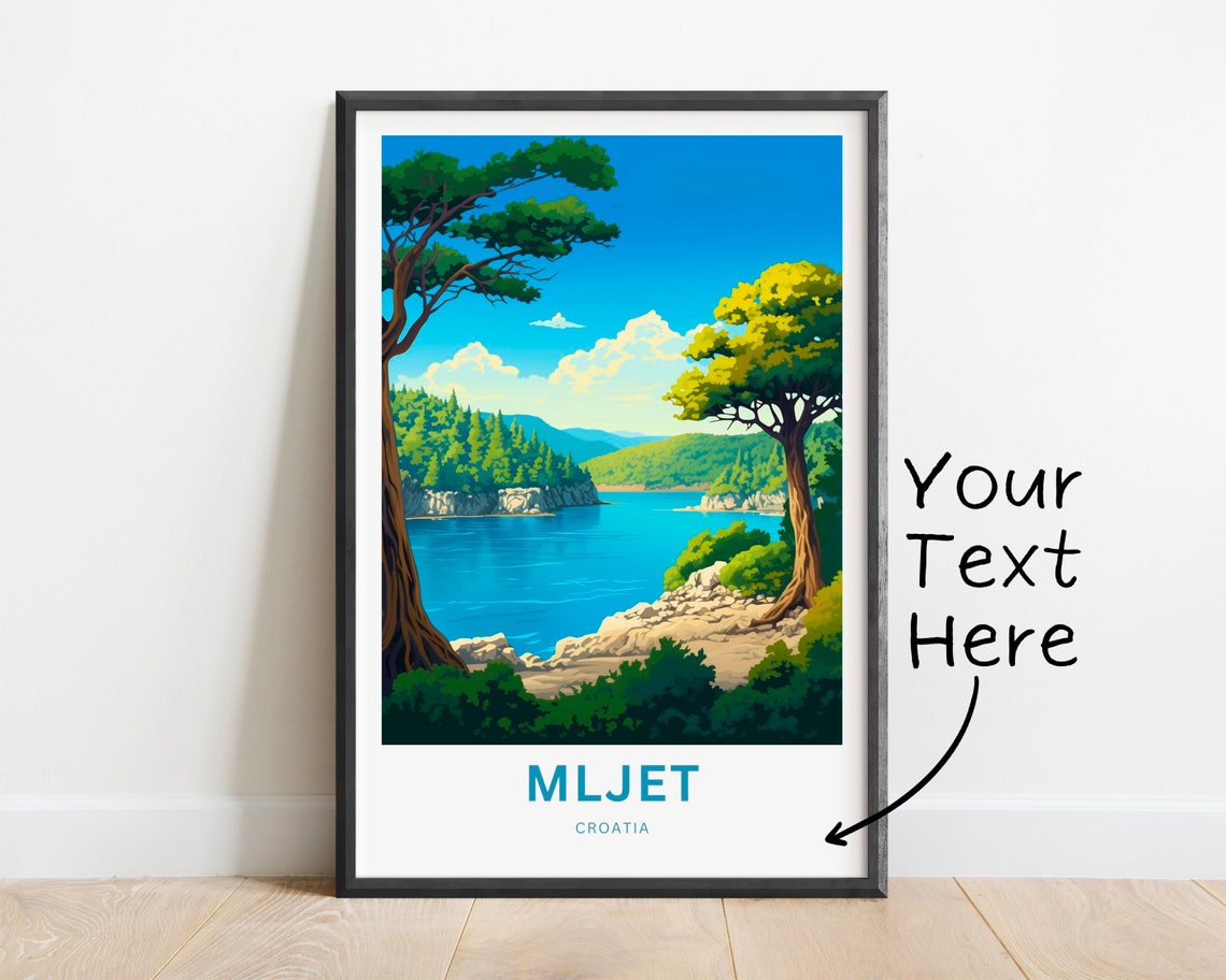 Mljet Croatia Custom Text Blue Cove Pine Tree Island Travel Poster