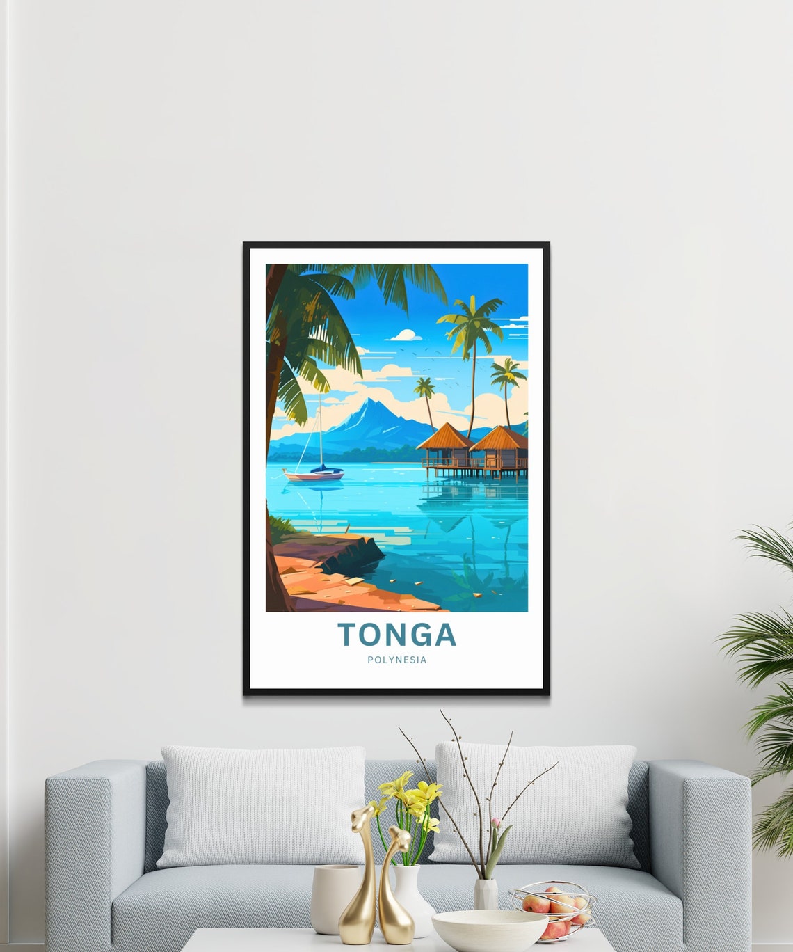Tonga Polynesia Lagoon Overwater Huts Sailboat Tropical Scene Poster - Image 4