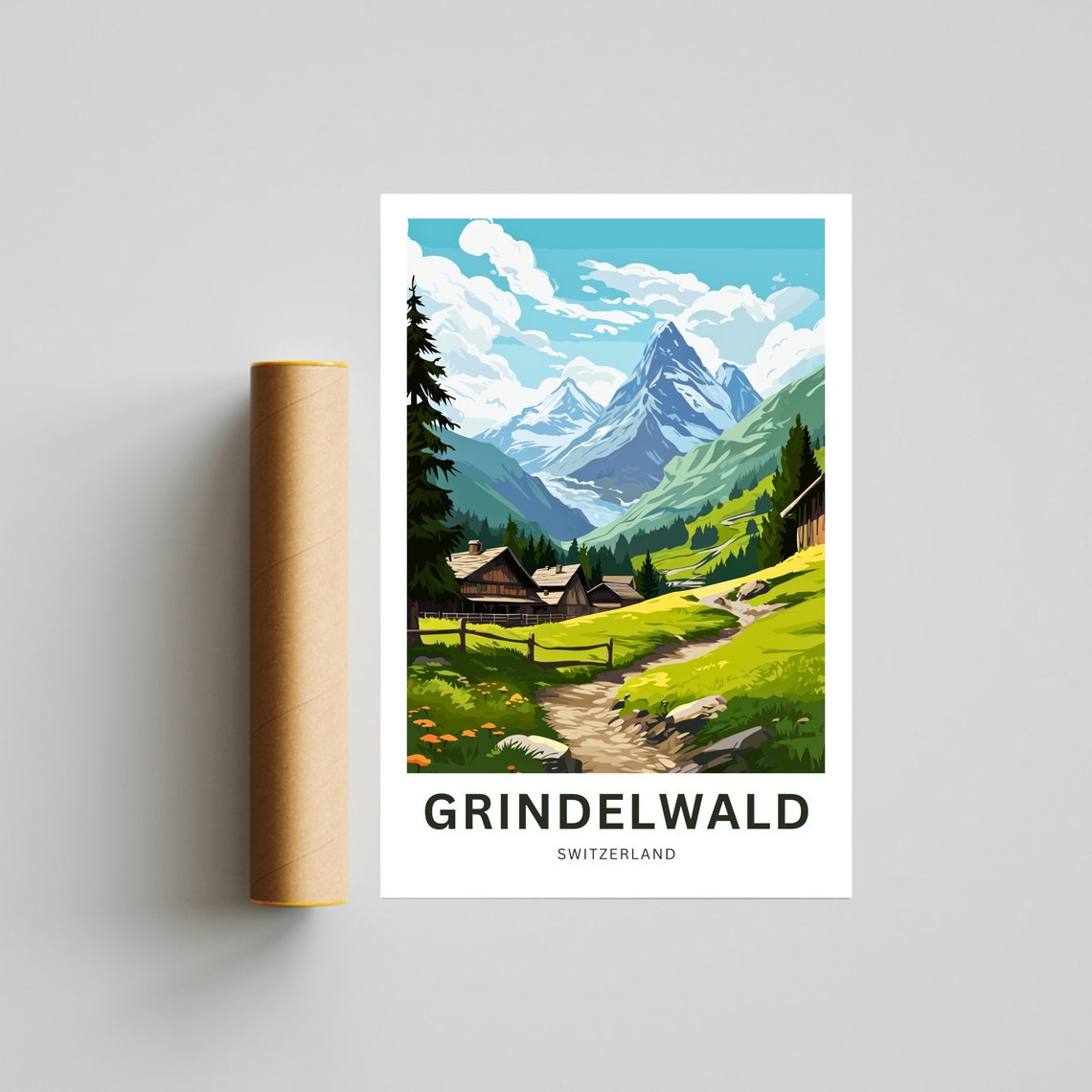 Grindelwald Switzerland Alpine Meadow Cabins Hiking Path Poster - Image 4
