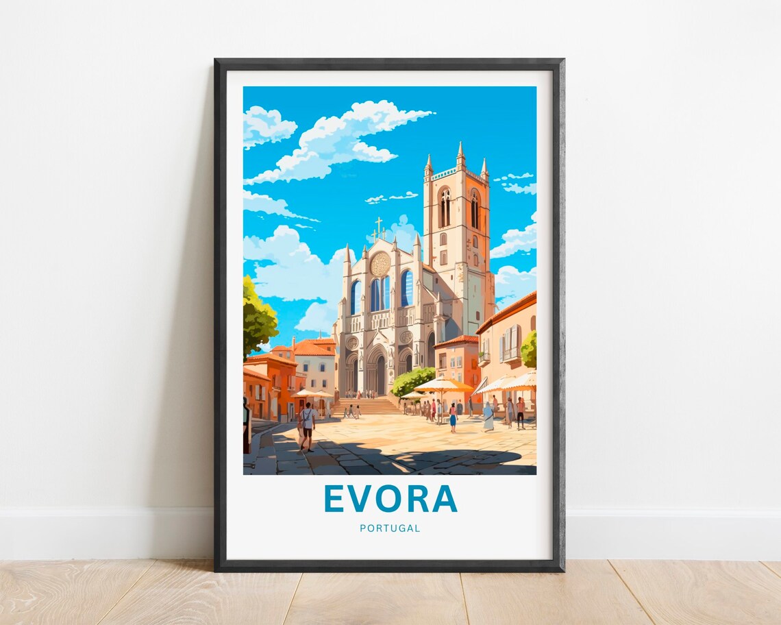 Evora Portugal Cathedral Square Blue Sky Vintage Travel Poster