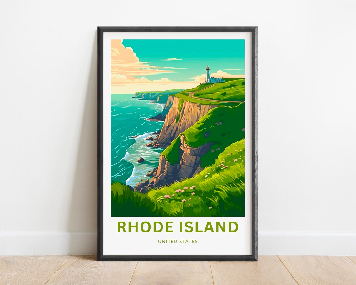 Rhode Island Lighthouse Coastal Cliffs Vintage Travel Poster