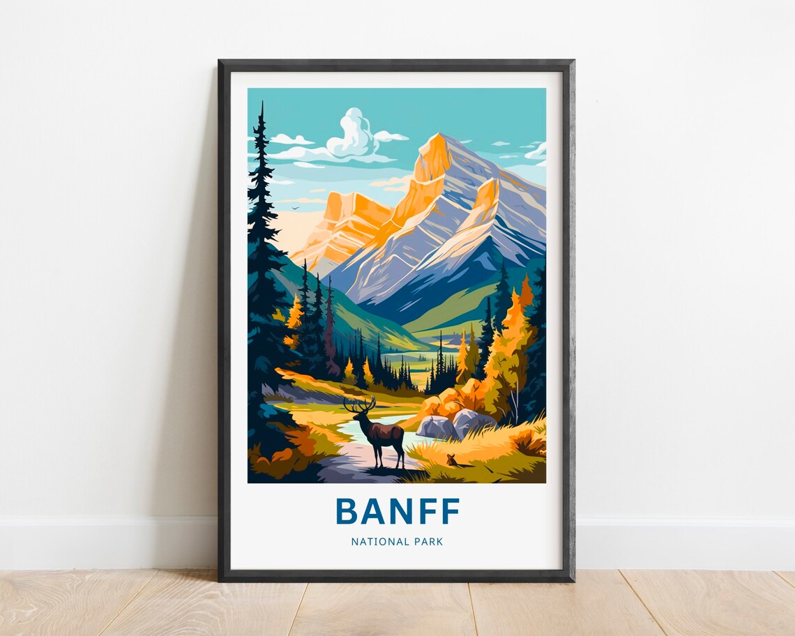 Banff National Park Elk Valley Mountain Travel Illustration Poster