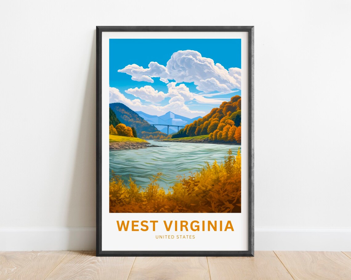 West Virginia United States Autumn River Valley Travel Poster