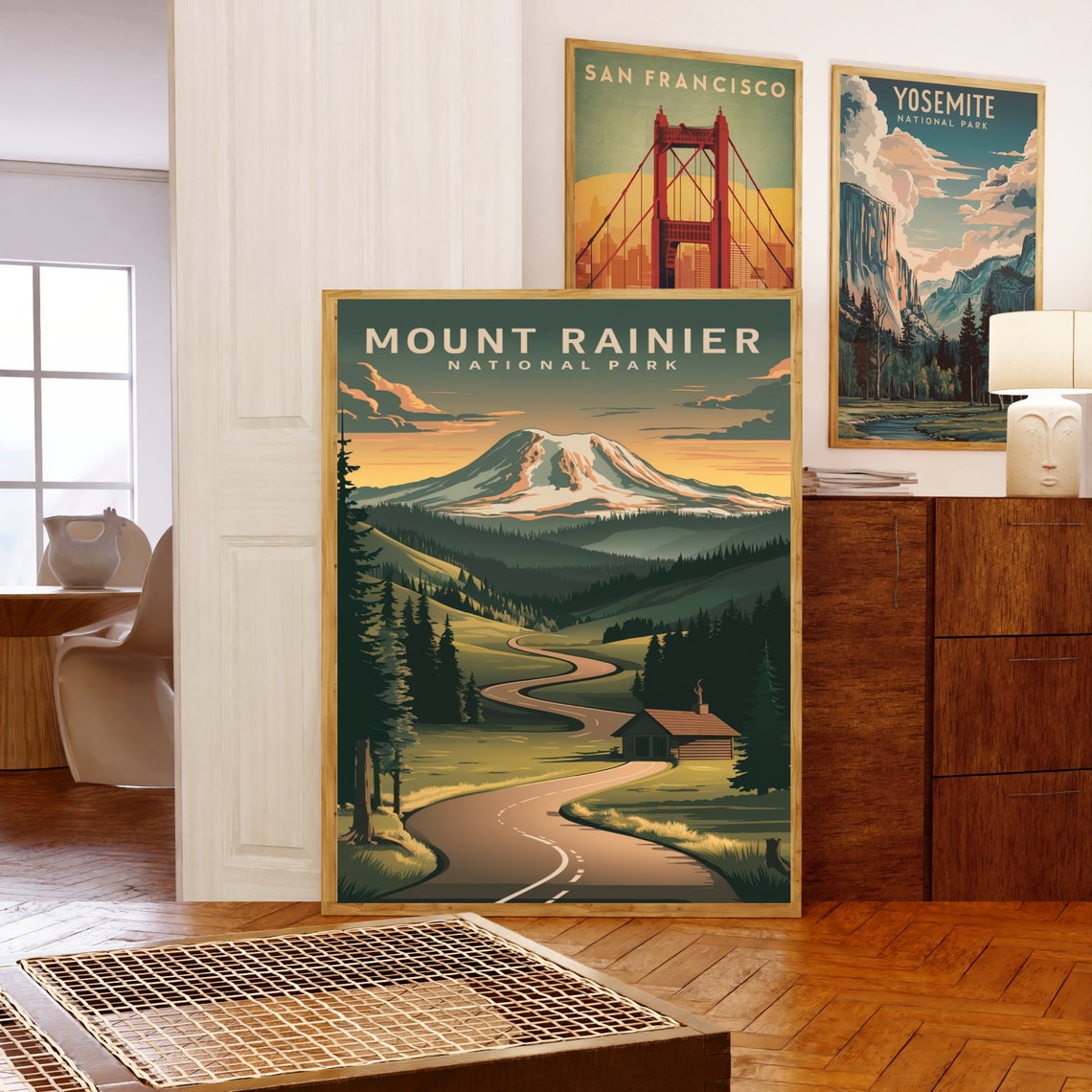 Mount Rainier National Park Vintage Poster with Valley Road and Cabin - Image 5