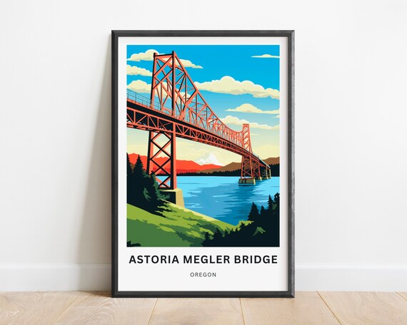 Astoria Megler Bridge Oregon Travel Poster Red Truss Bridge River Landmark