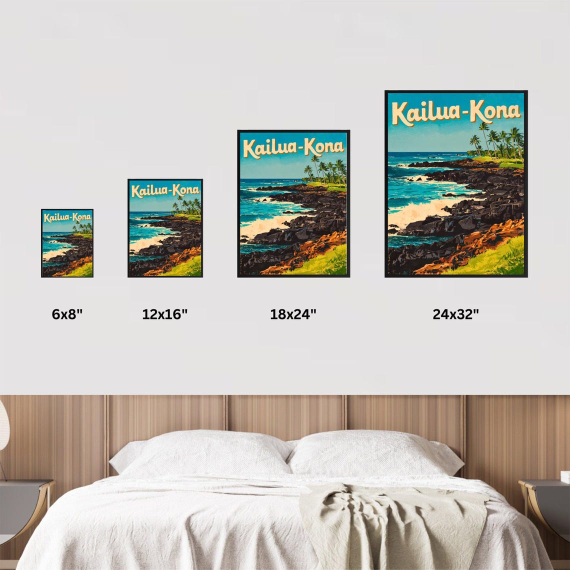 Kailua Kona Hawaii Vintage Rocky Shore Palm Sunset Travel Poster - Image 4