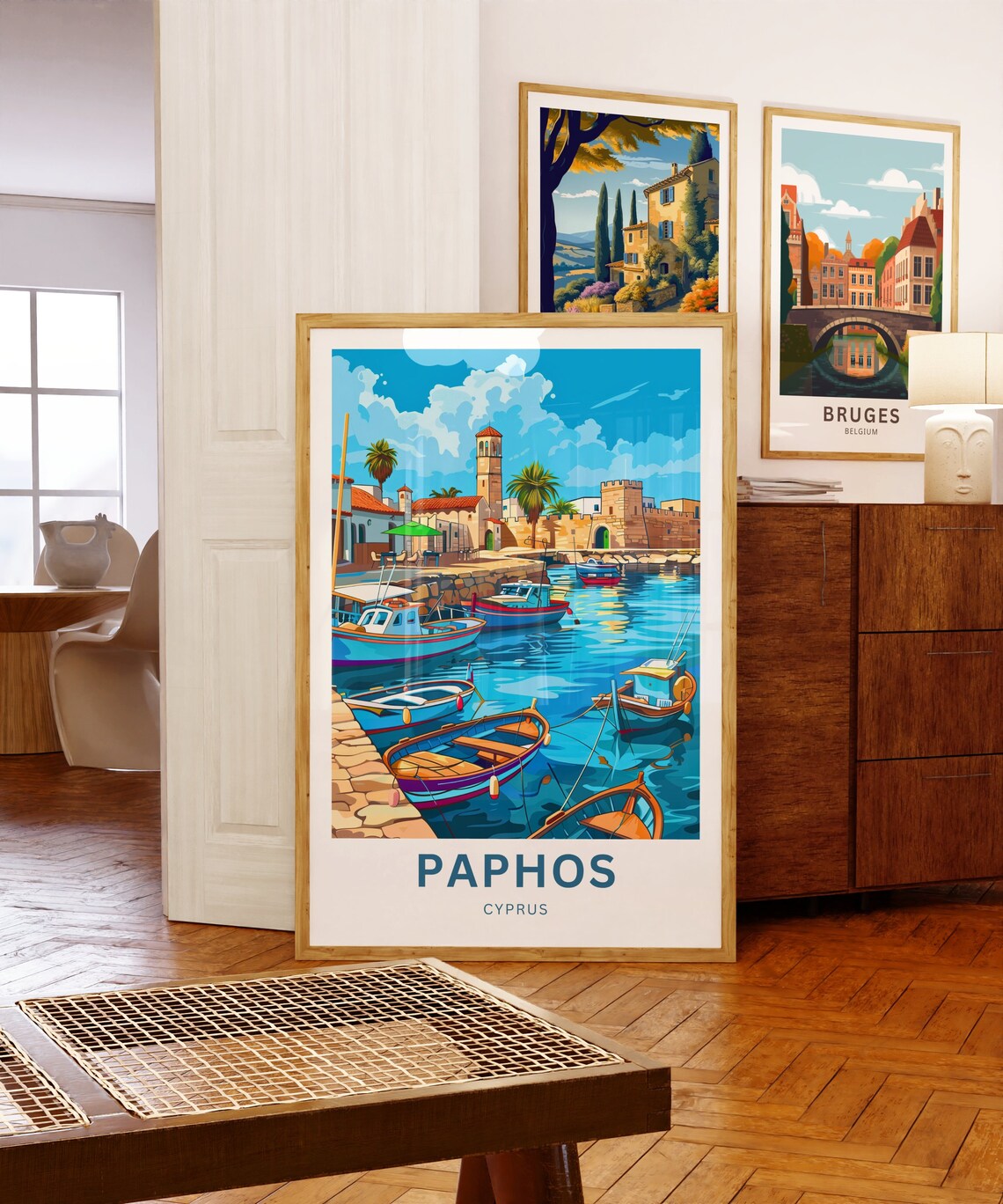 Paphos Cyprus Sunny Harbor Boats Castle Tower Travel Art Poster - Image 5