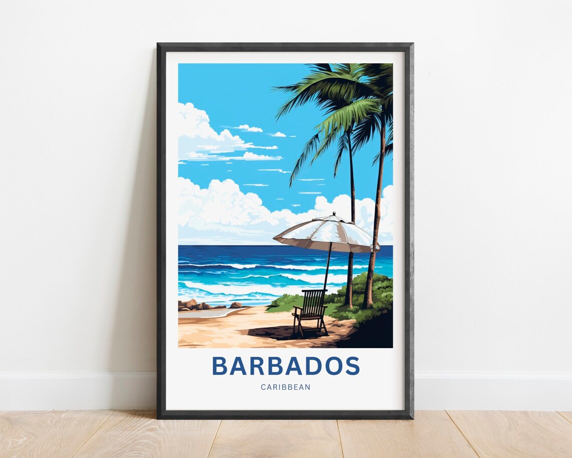 Barbados Caribbean Beach Umbrella Chair Ocean Surf Travel Poster