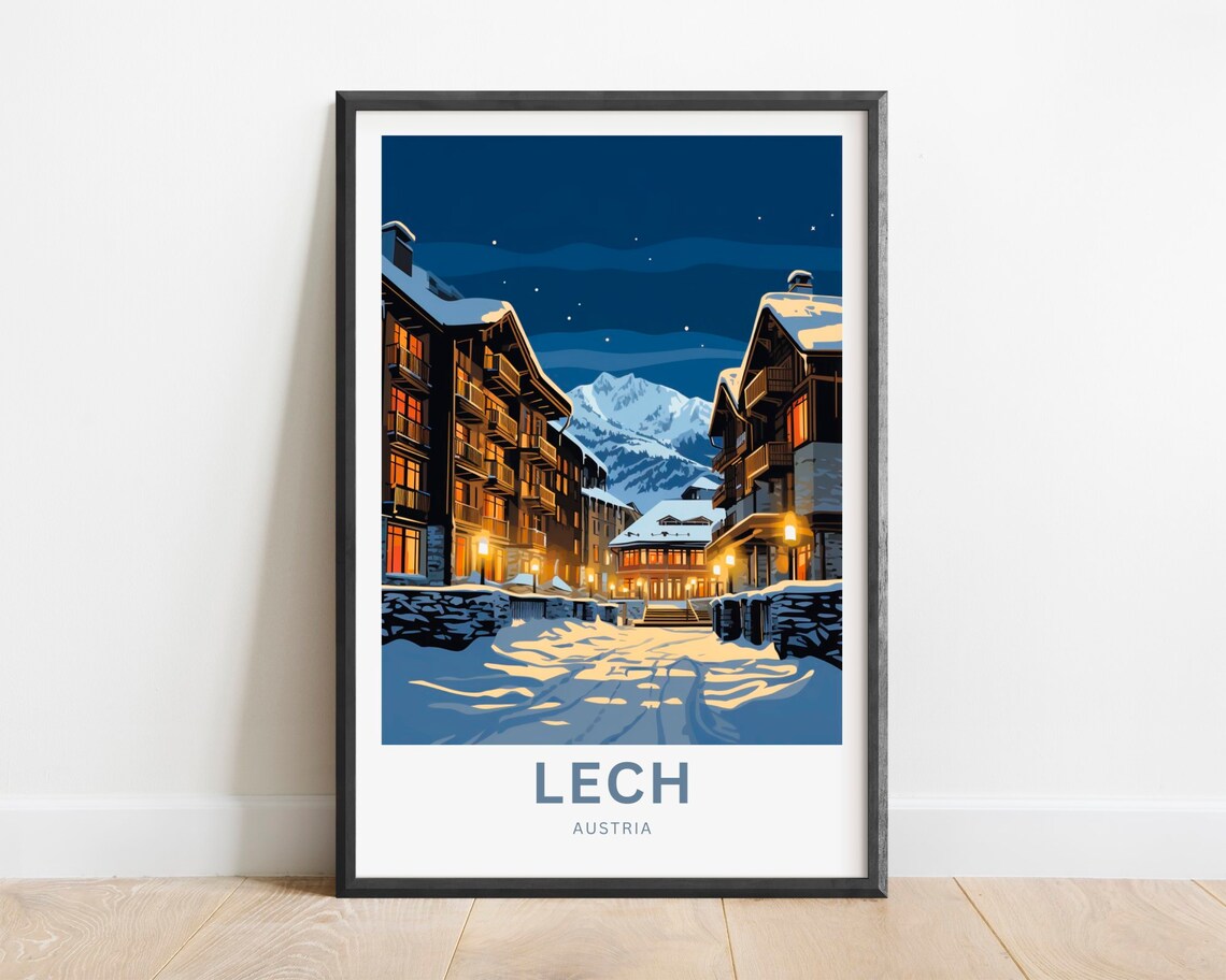 Lech Austria Snowy Night Alpine Ski Village Mountain Chalet Poster
